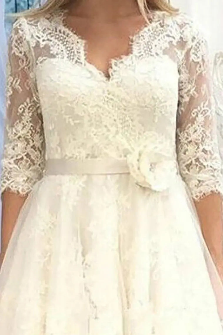 A-line V Neck 3/4 Sleeve Tulle Lace Tea-Length Wedding Dress With Waistband Flower