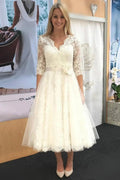 A-line V Neck 3/4 Sleeve Tulle Lace Tea-Length Wedding Dress With Waistband Flower