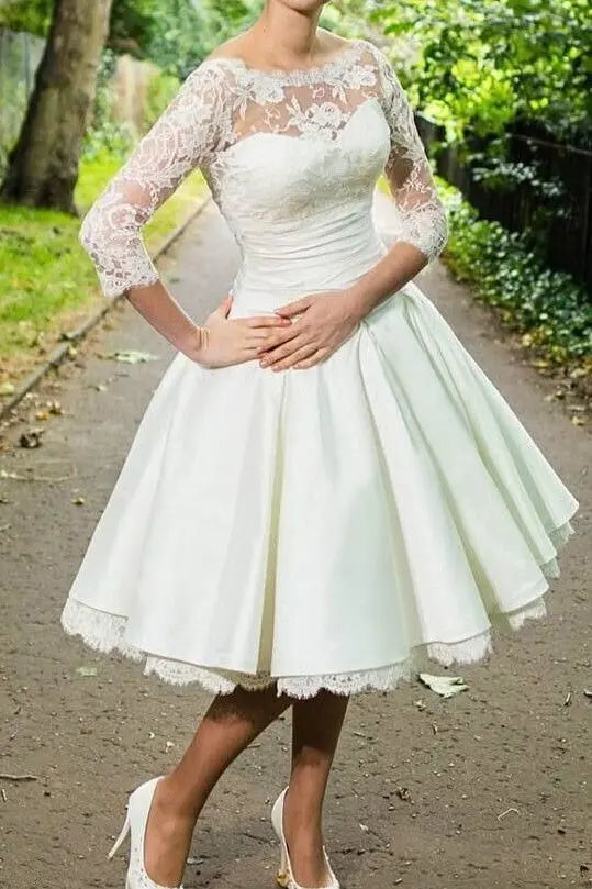A-Line/Princess Stretch Crepe Lace Scoop 3/4 Sleeves Knee-Length Wedding Dresses