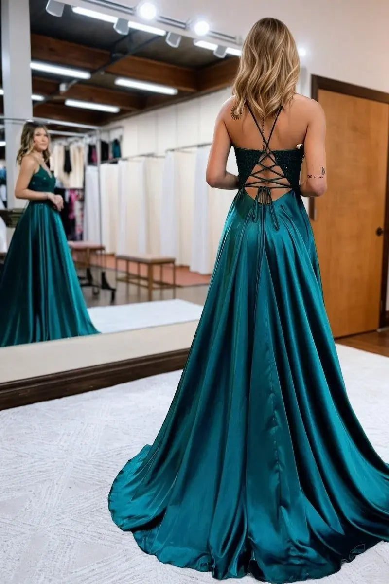 A-Line/Princess Silk Applique V-neck Sleeveless Prom Dresses Long Formal Evening Gowns