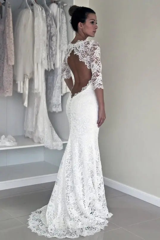 Lace Wedding Dress Sheath/Column Bateau Sweep Train With Pleated