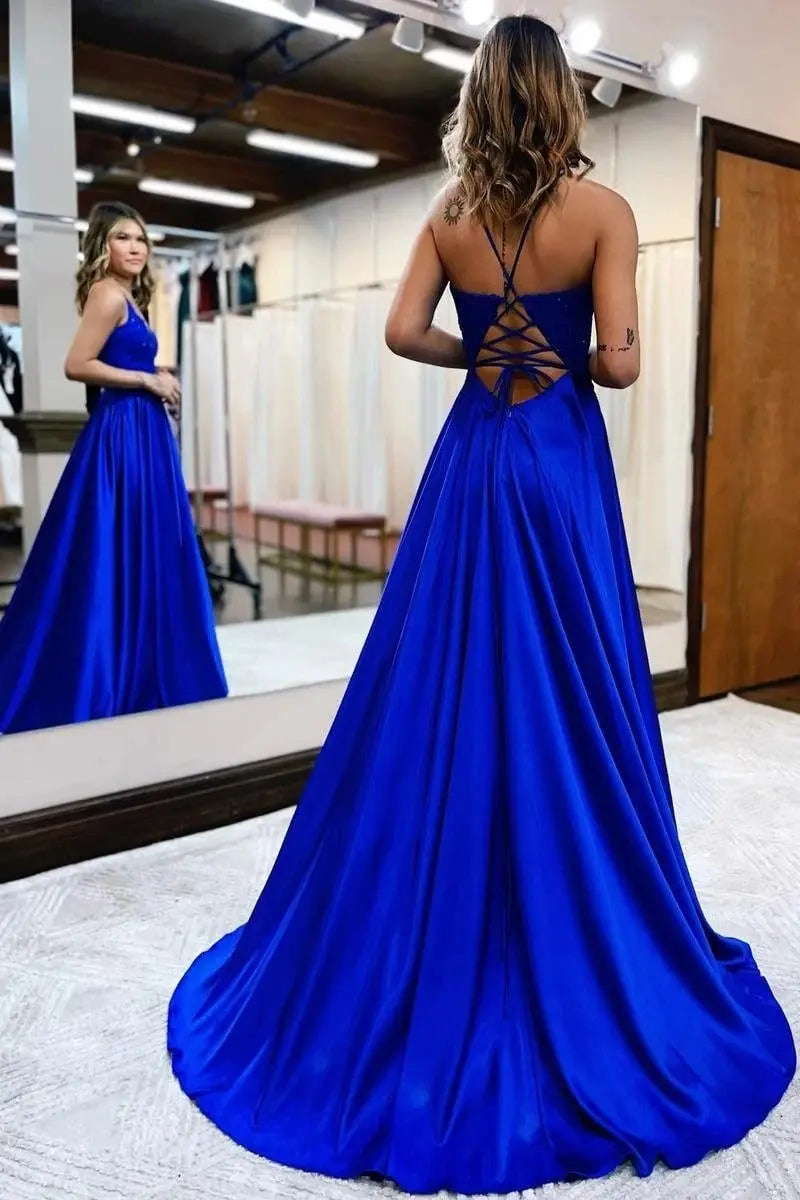 A-Line/Princess Silk Applique V-neck Sleeveless Prom Dresses Long Formal Evening Gowns