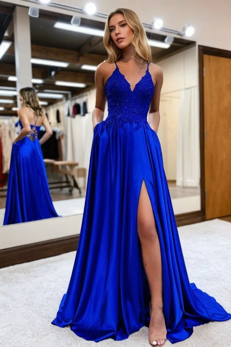 A-Line/Princess Silk Applique V-neck Sleeveless Prom Dresses Long Formal Evening Gowns