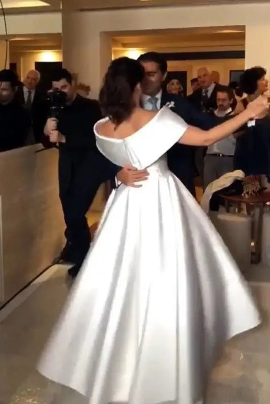 Satin Wedding Dress A-line/Princess Off-the-Shoulder Sleeveless Asymmetrical With Pleated