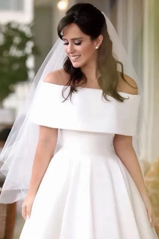 Satin Wedding Dress A-line/Princess Off-the-Shoulder Sleeveless Asymmetrical With Pleated