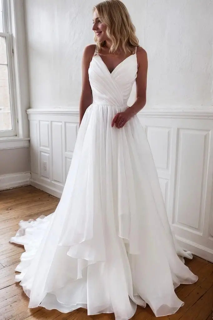 A-Line/Princess Organza Ruffles V-neck Sleeveless Court Train Wedding Dresses
