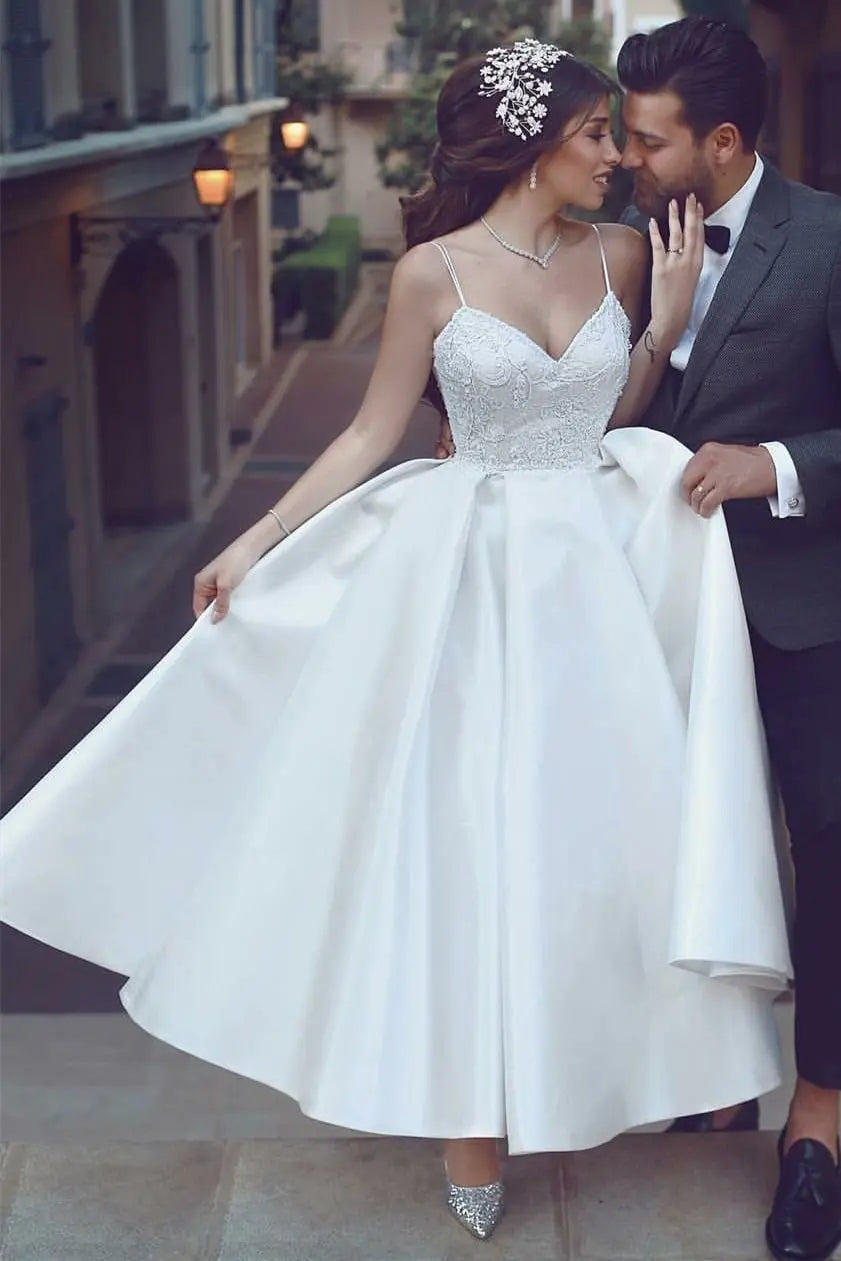 Ball Gown Sweetheart Sleeveless Ankle-Length Satin Wedding Dress With Lace