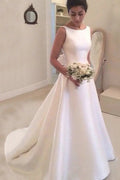 Satin Court Train A-Line/Princess Sleeveless Bateau Zipper Wedding Dress With Bowknot
