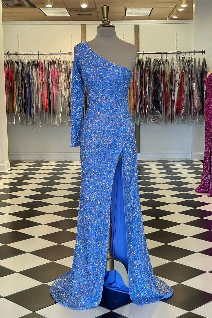Sheath/Column Velvet Sequins One-Shoulder Long Sleeves Prom Dresses Long Blue Formal Evening Gowns