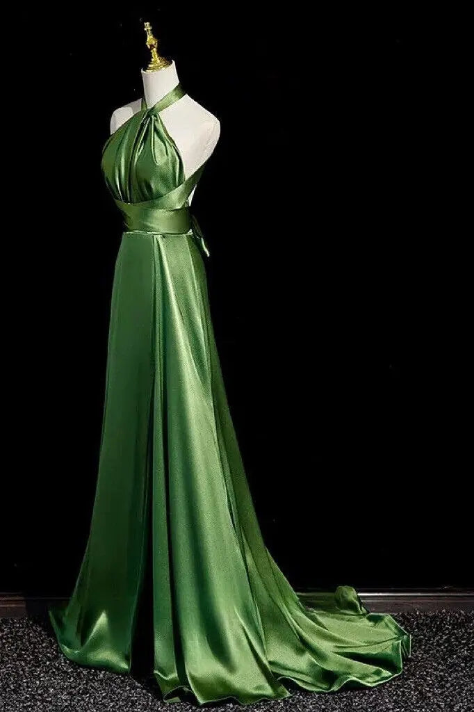 A-Line/Princess Soft Satin Halter Sleeveless Long Prom Dress Green Prom Gown