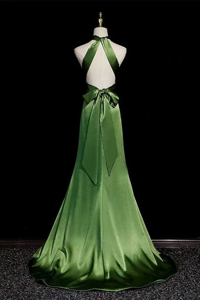 A-Line/Princess Soft Satin Halter Sleeveless Long Prom Dress Green Prom Gown