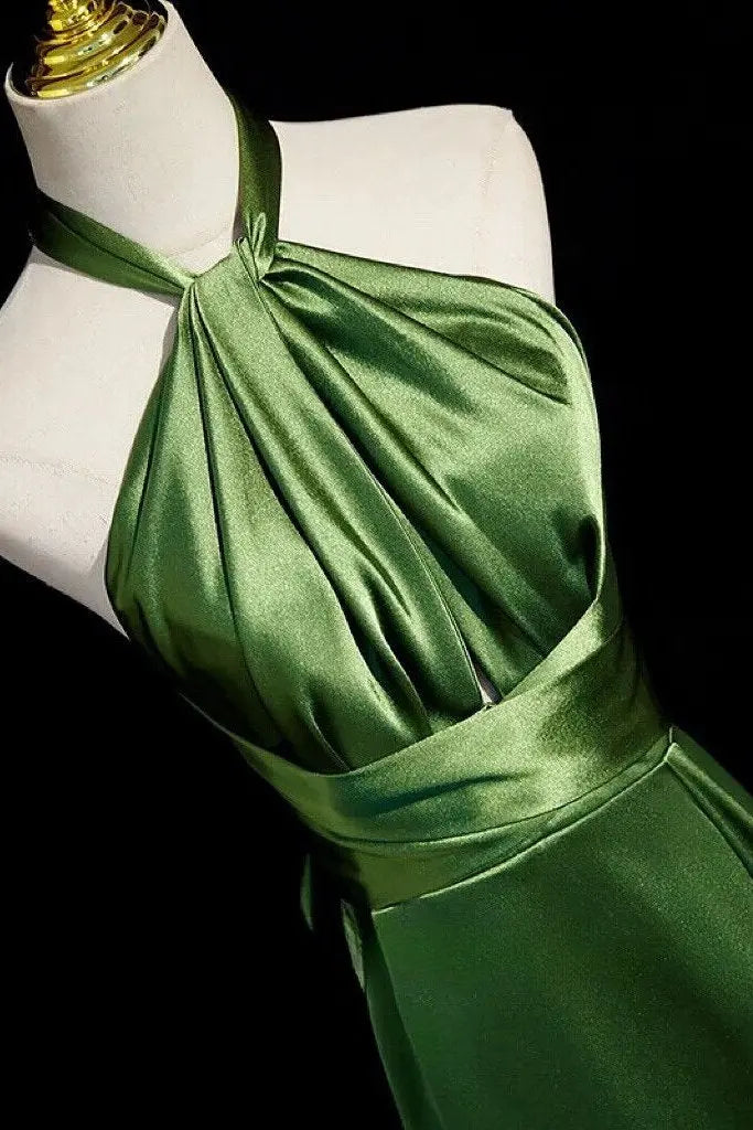 A-Line/Princess Soft Satin Halter Sleeveless Long Prom Dress Green Prom Gown