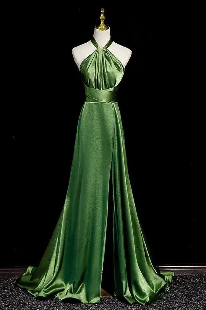 A-Line/Princess Soft Satin Halter Sleeveless Long Prom Dress Green Prom Gown