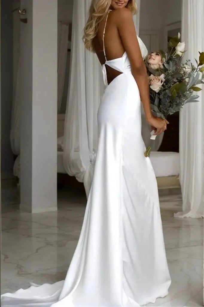 Sheath/Column NS Elastic Woven Satin Ruched Spaghetti Straps Sweep/Brush Train Sleeveless Wedding Dresses
