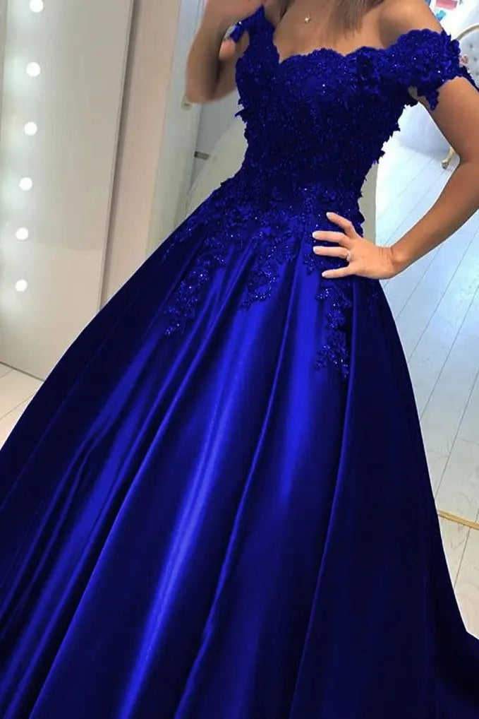 Appliquéd Off-the-Shoulder Satin Princess Prom Dress with Beads