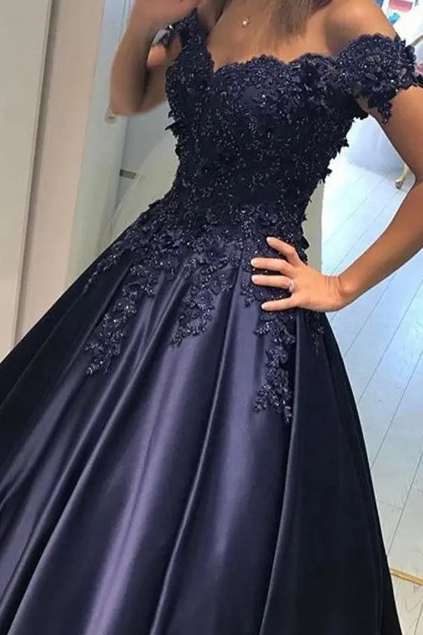 Appliquéd Off-the-Shoulder Satin Princess Prom Dress with Beads