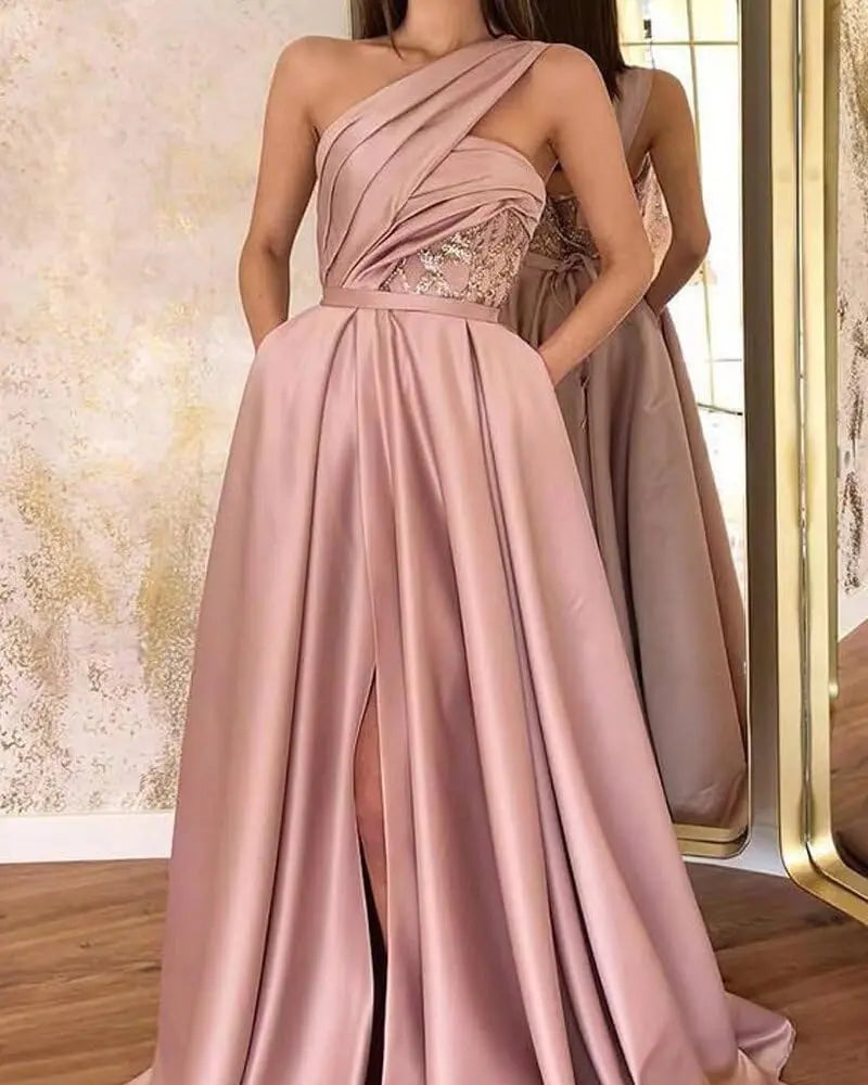 A-line One-Shoulder Sleeveless Sweep Train Satin Prom Dresses With Split Pleated