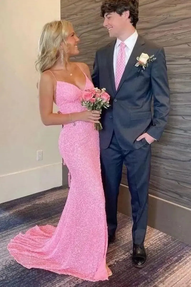 Trumpet/Mermaid V Neck Sleeveless Sweep Train Allover Sparkly Sequined Prom Dress With Split