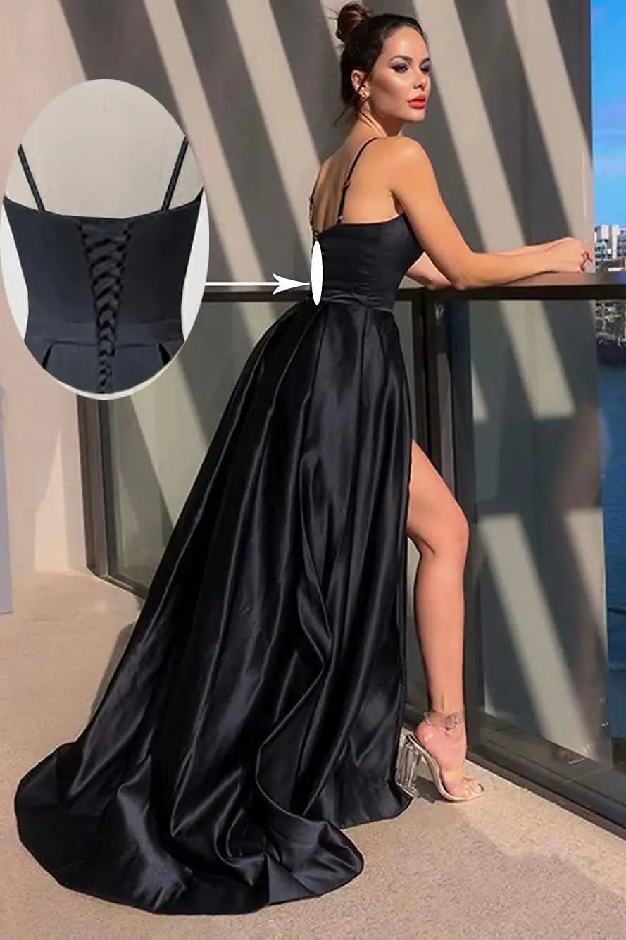 A-line Sleeveless V Neck Long/Floor-Length Satin Prom Dresses With Split Pockets
