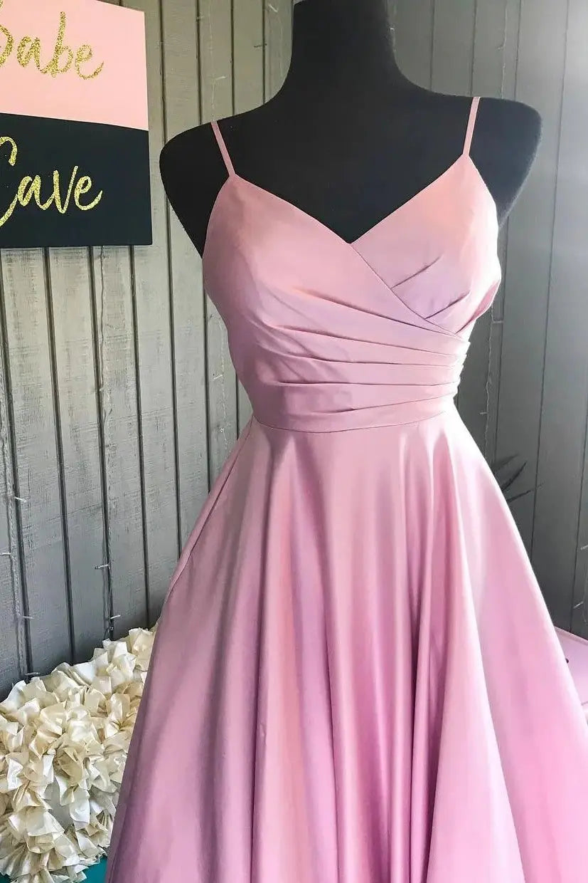 Halter Long Satin Modest Pink Prom Dresses Pocket Formal Evening Gowns