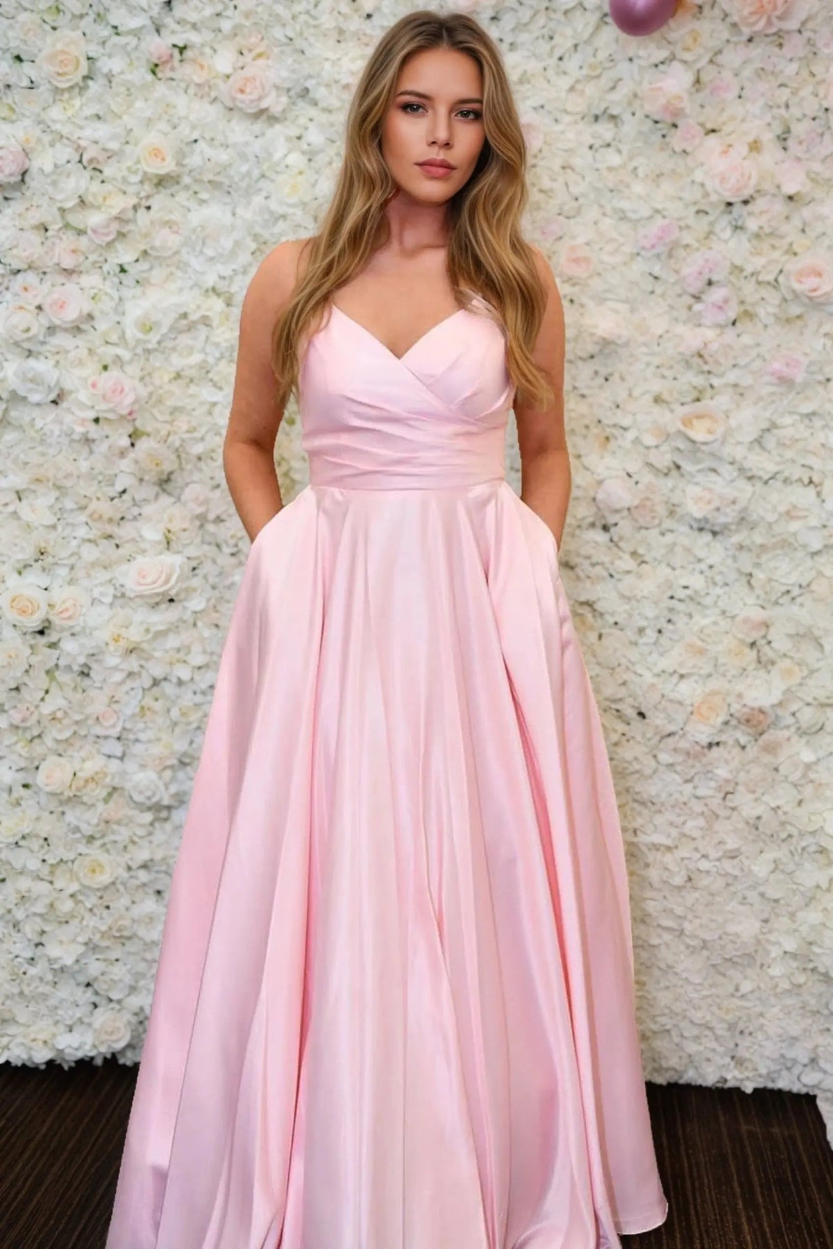 Halter Long Satin Modest Pink Prom Dresses Pocket Formal Evening Gowns