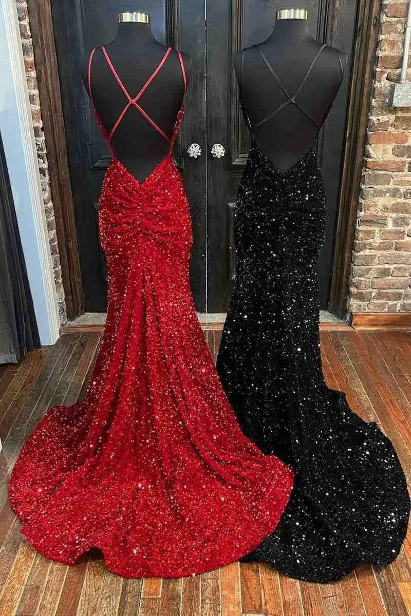 Trumpet/Mermaid V Neck Sleeveless Velvet Sequins Court Train Prom Dresses With Pleated