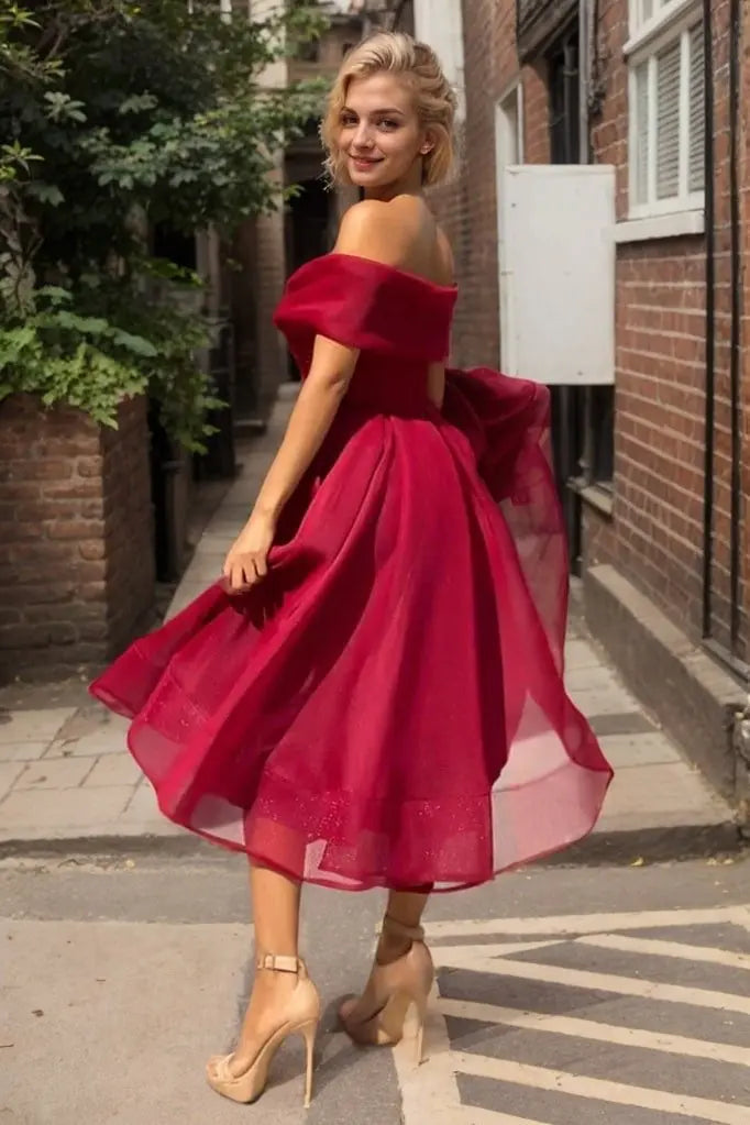 A-line Off-the-Shoulder Short Sleeve Tea-Length Tulle Homecoming Dress with Pleated Pockets