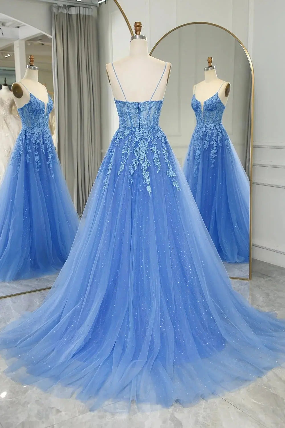 A-line V Neck Long/Floor-Length Tulle Sparkling Prom Dresses with Split Glitter Ball Gowns