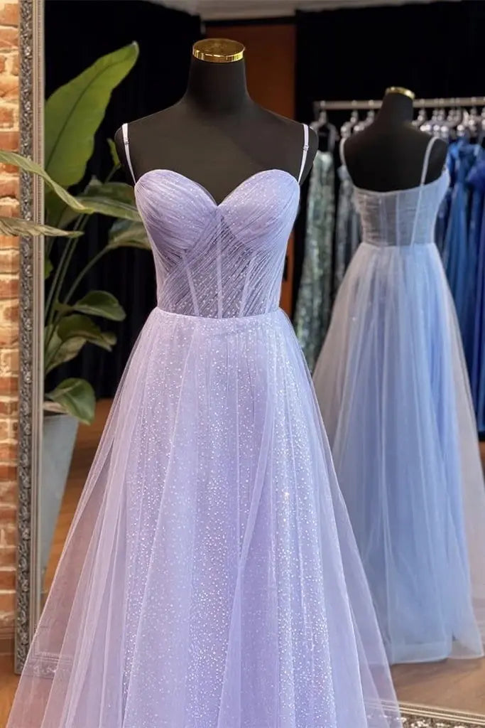 A-Line Sweetheart Neck Tulle Long Blue Prom Dress. Blue Long Formal Dress