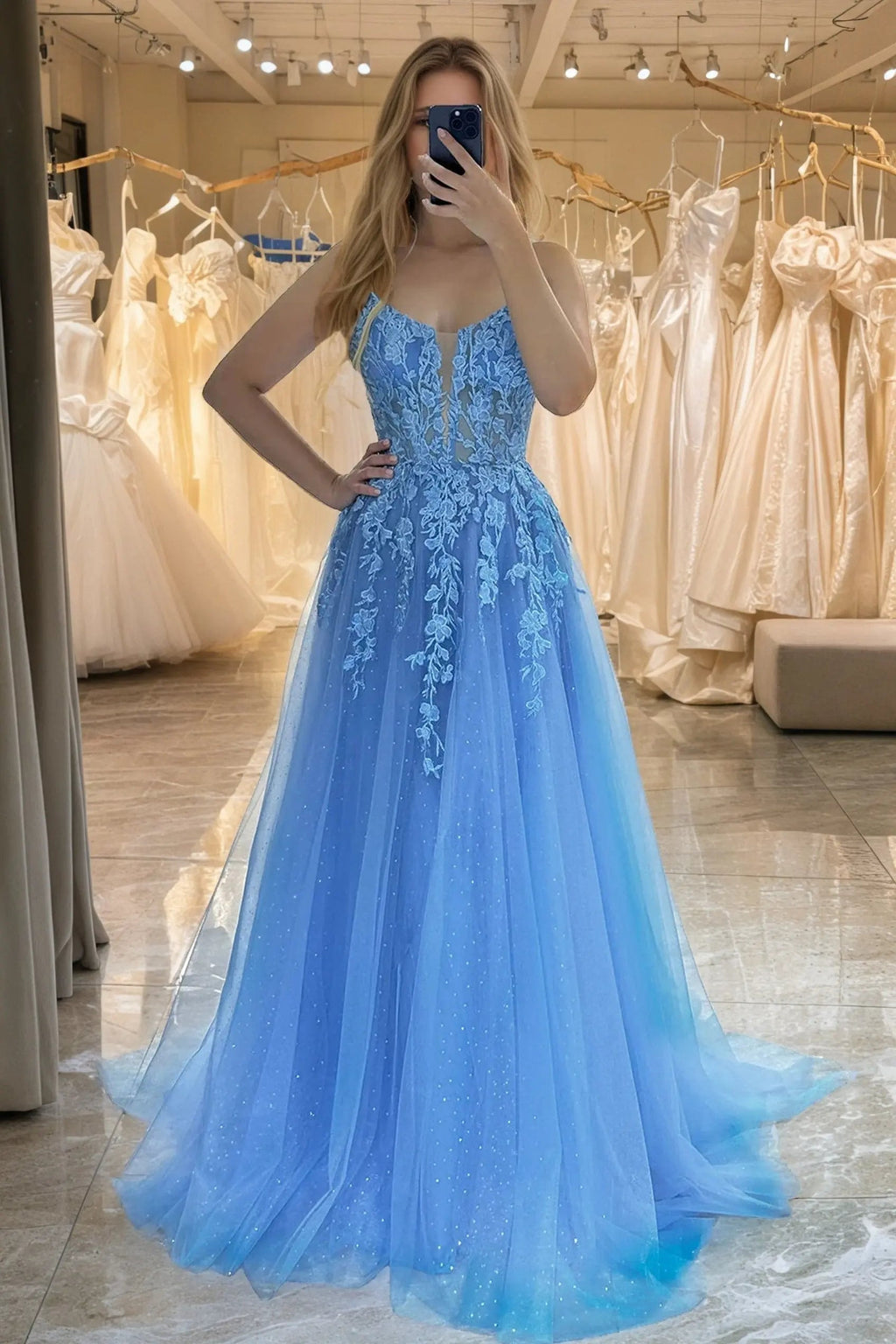 A-line V Neck Long/Floor-Length Tulle Sparkling Prom Dresses with Split Glitter Ball Gowns