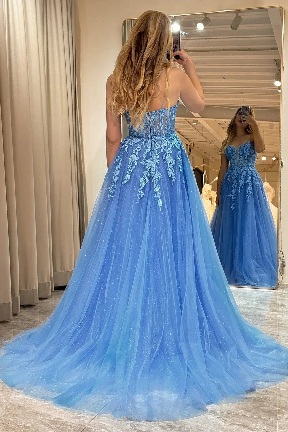 A-line V Neck Long/Floor-Length Tulle Sparkling Prom Dresses with Split Glitter Ball Gowns