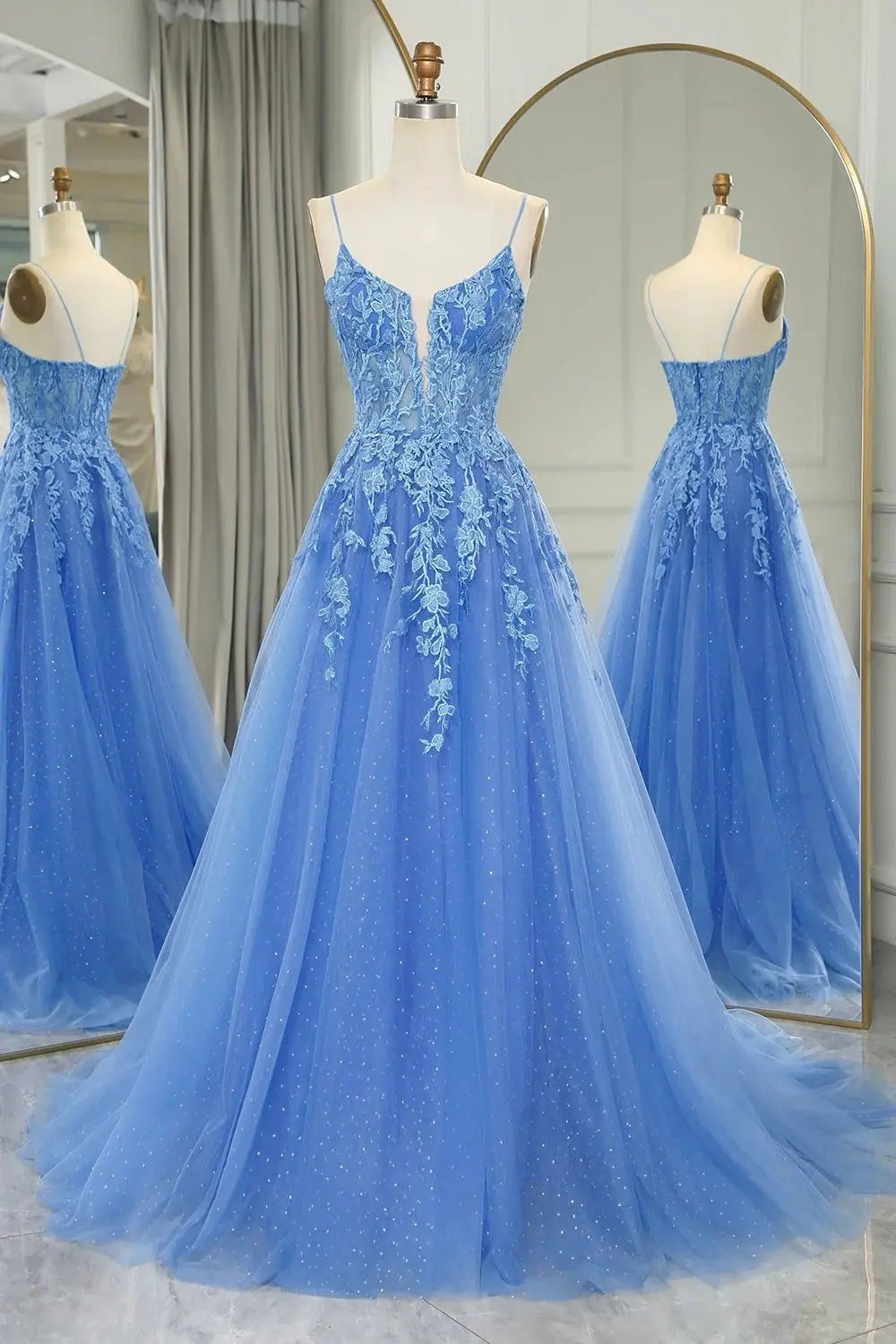 A-line V Neck Long/Floor-Length Tulle Sparkling Prom Dresses with Split Glitter Ball Gowns