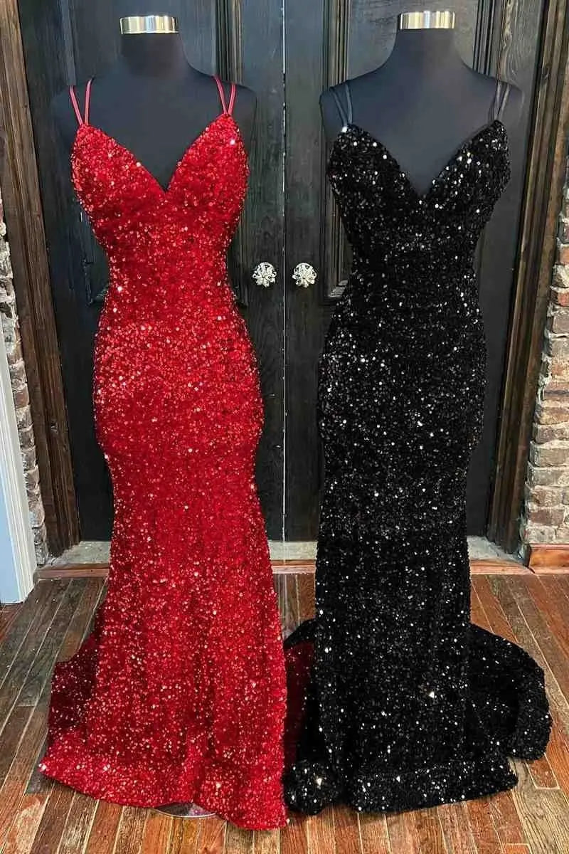 Trumpet/Mermaid V Neck Sleeveless Velvet Sequins Court Train Prom Dresses With Pleated