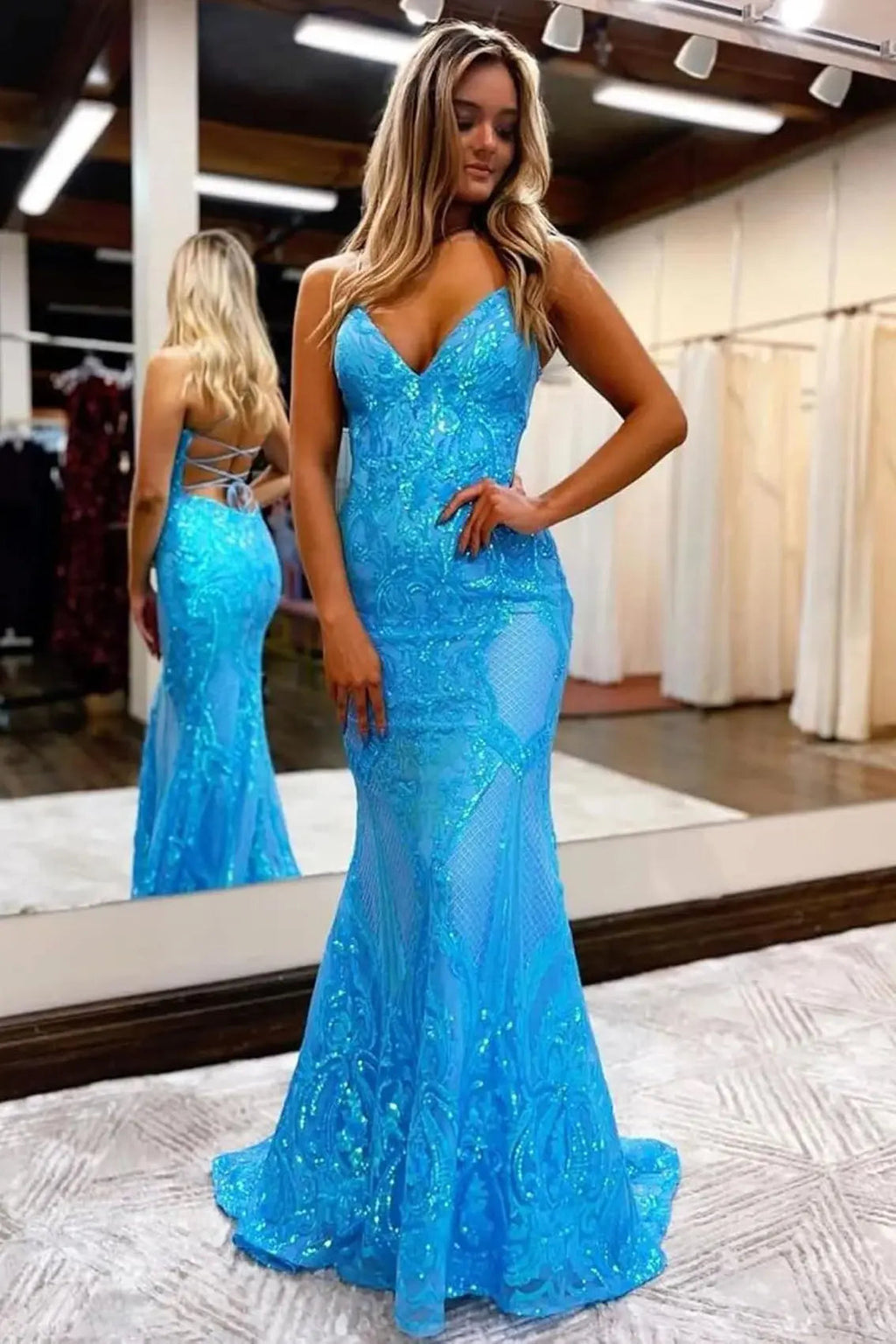 Trumpet/Mermaid V Neck Sleeveless Sweep Train Allover Sparkly Sequined Lace Prom Dress