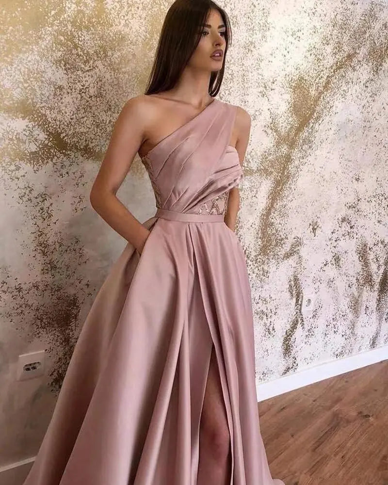A-line One-Shoulder Sleeveless Sweep Train Satin Prom Dresses With Split Pleated