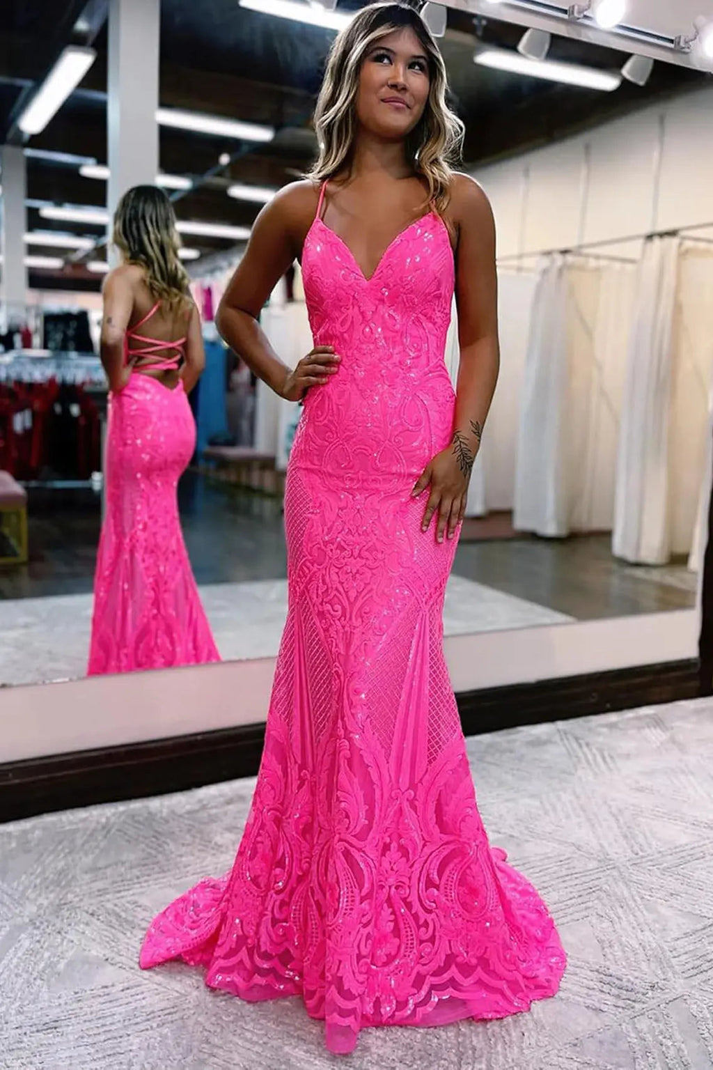 Trumpet/Mermaid V Neck Sleeveless Sweep Train Allover Sparkly Sequined Lace Prom Dress