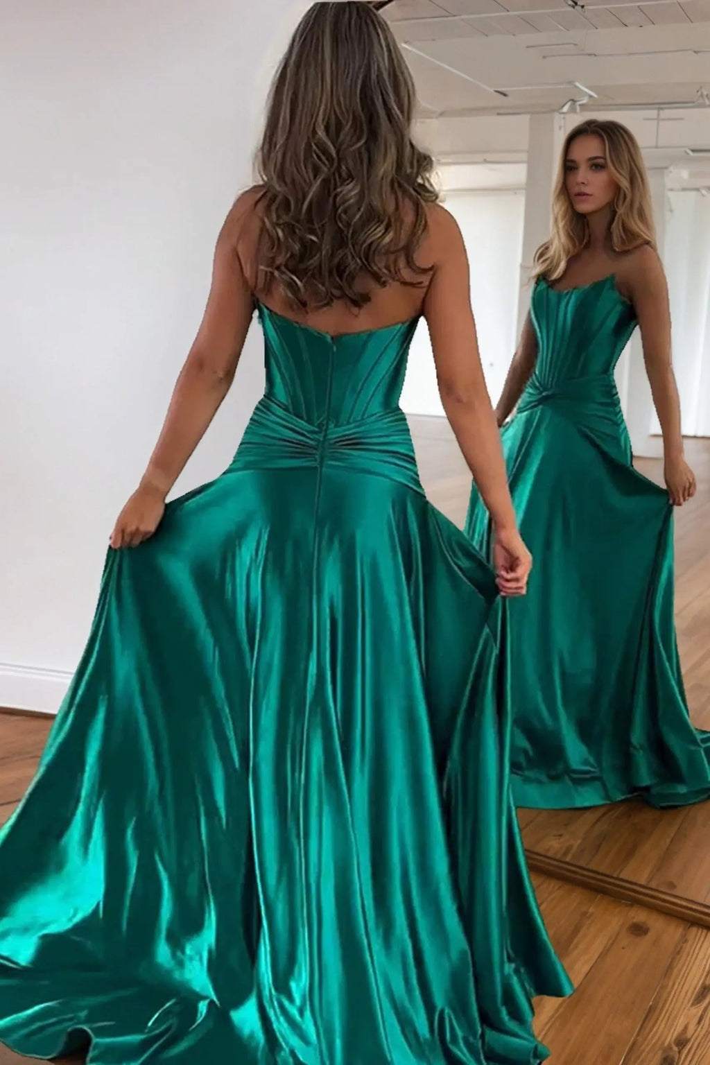 A-line Off-the-Shoulder Sleeveless Court Train Silk like Satin Green Prom Dresses With Pleated Split