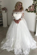 A-Line/Princess Off-the-Shoulder Long Sleeves Court Train Lace Tulle Wedding Dresses