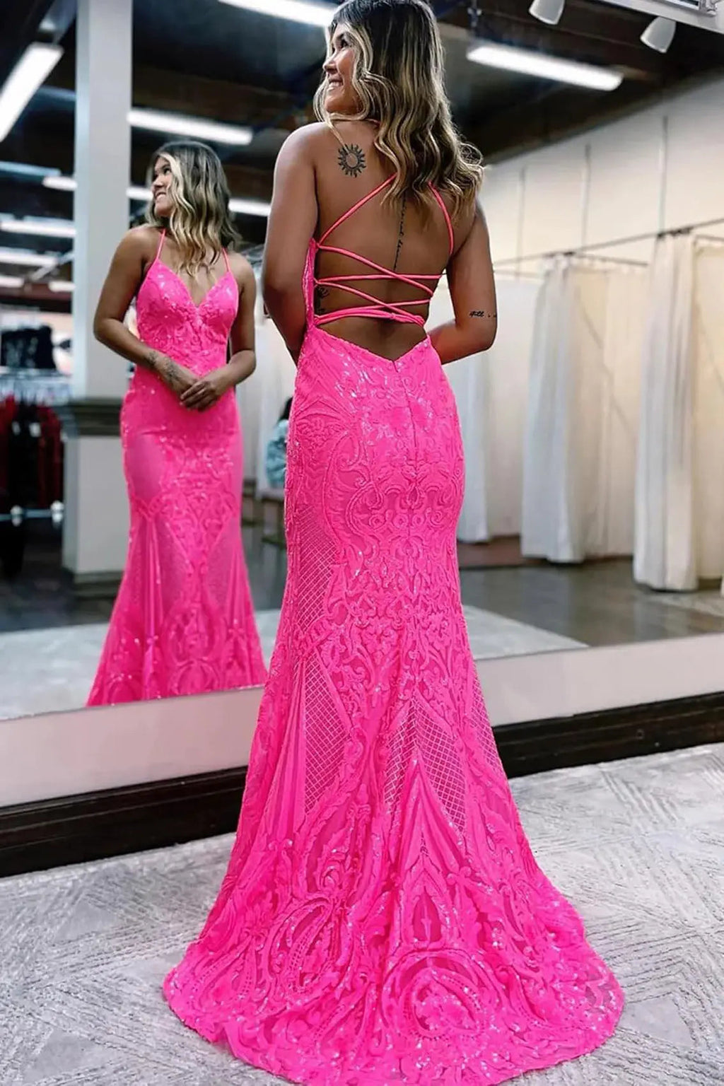 Trumpet/Mermaid V Neck Sleeveless Sweep Train Allover Sparkly Sequined Lace Prom Dress