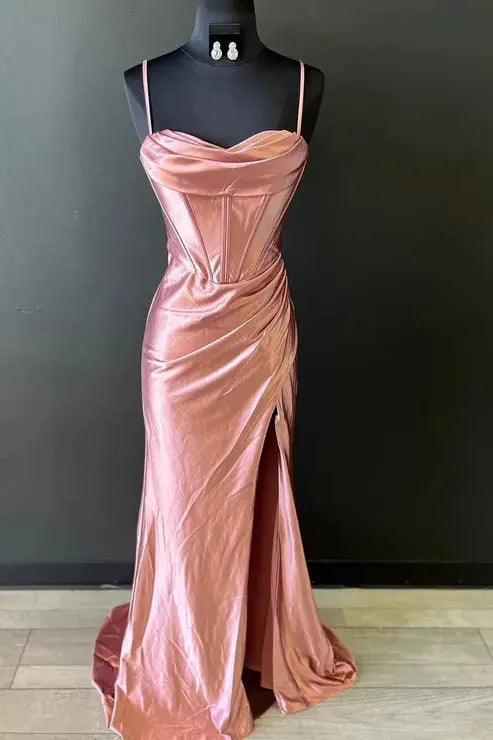 Sheath/Column Sweetheart Sleeveless Silk like Satin Sweep Train Prom Dresses With Split Ruffles