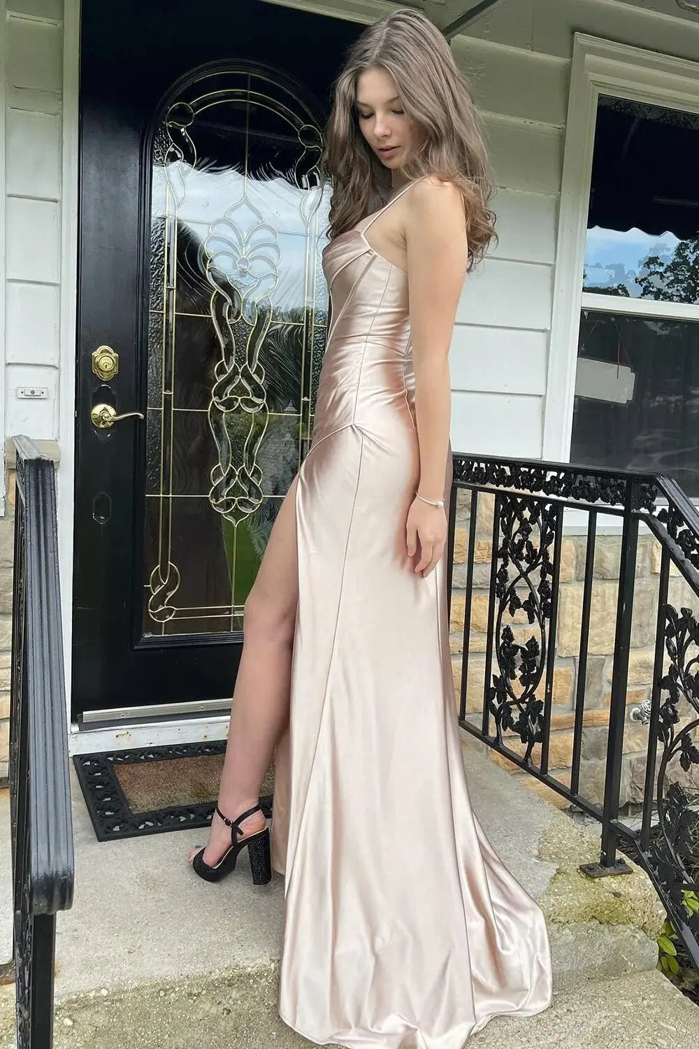 Sheath/Column Sweetheart Sleeveless Silk like Satin Sweep Train Prom Dresses With Split Ruffles