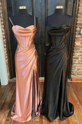 Sheath/Column Sweetheart Sleeveless Silk like Satin Sweep Train Prom Dresses With Split Ruffles