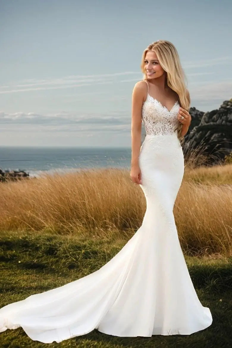 Trumpet/Mermaid Stretch Crepe Applique Spaghetti Straps Sleeveless Court Train Wedding Dresses