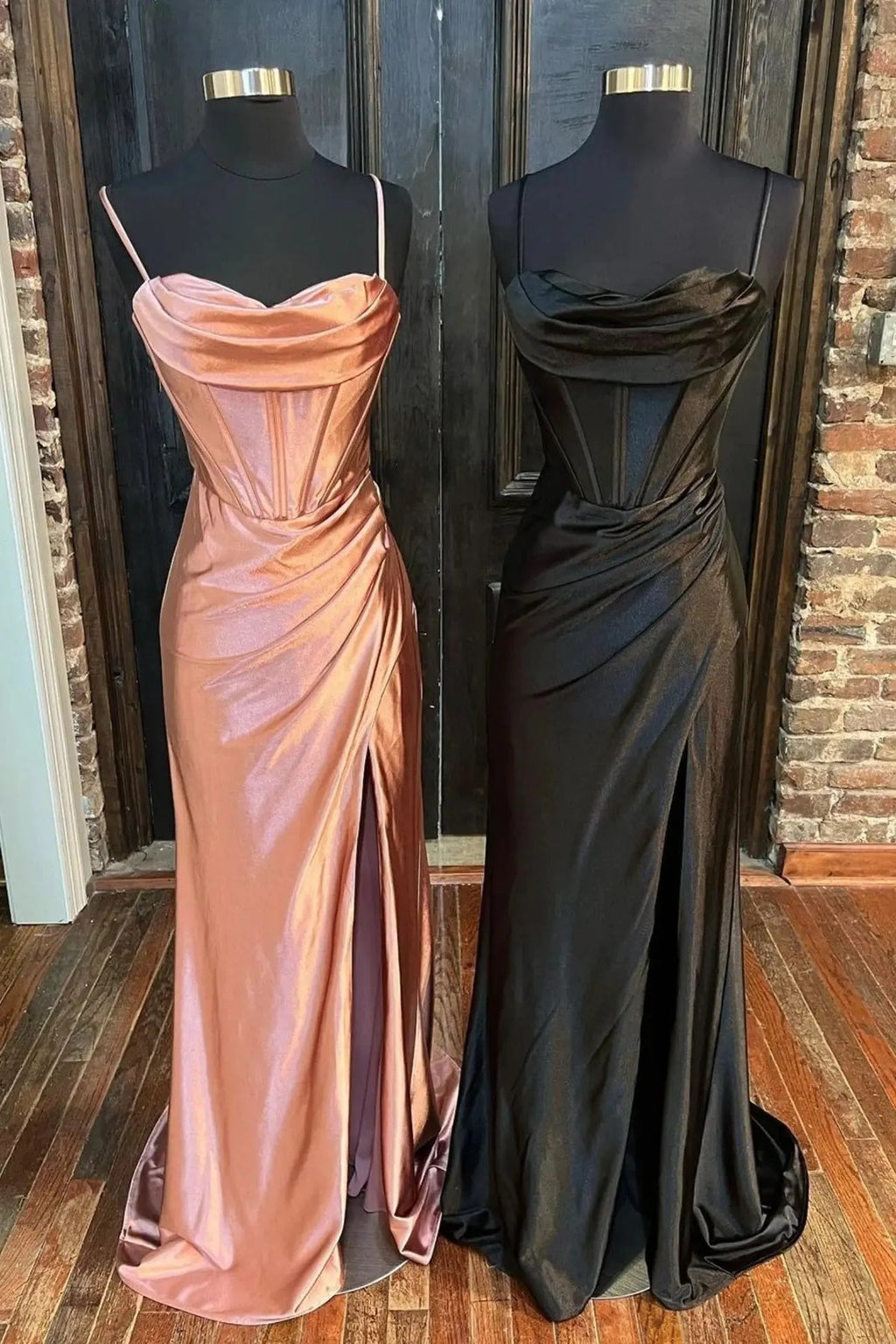 Sheath/Column Sweetheart Sleeveless Silk like Satin Sweep Train Prom Dresses With Split Ruffles