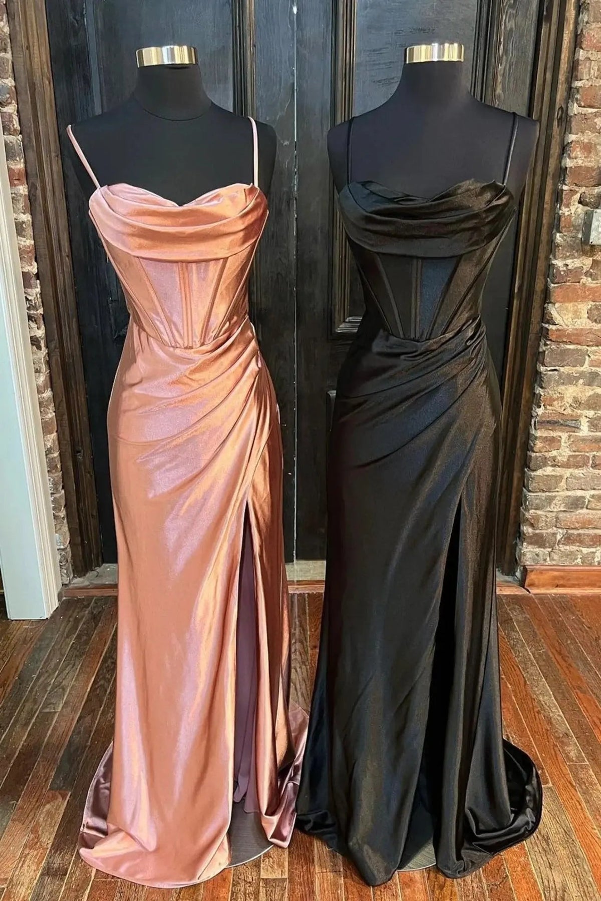Sheath/Column Sweetheart Sleeveless Silk like Satin Sweep Train Prom Dresses With Split Ruffles
