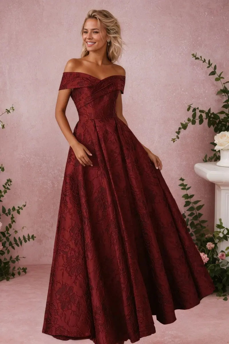 A-Line Off Shoulder Satin Burgundy Long Prom Dress Floral Jacquard Formal Ball Gowns