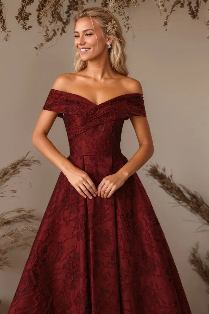 A-Line Off Shoulder Satin Burgundy Long Prom Dress Floral Jacquard Formal Ball Gowns