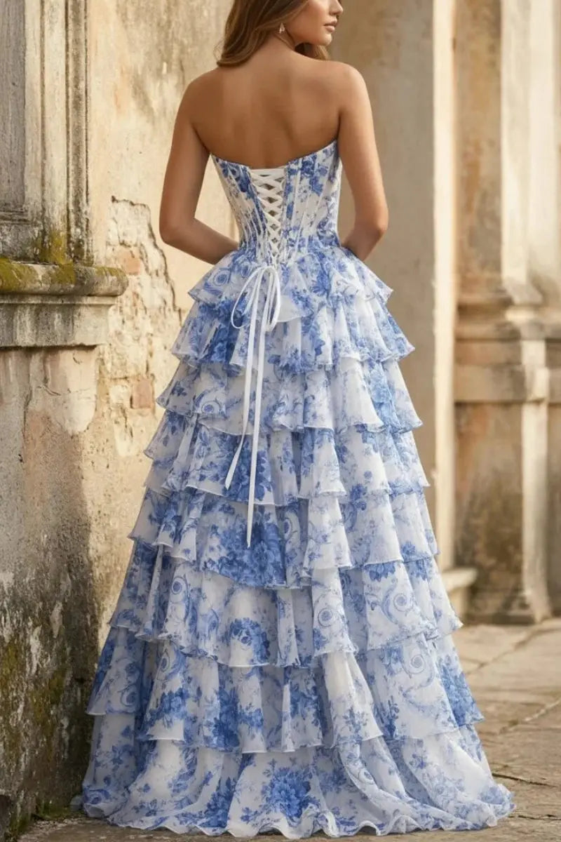 A-Line/Princess Floral Blush Tiered Chiffon Long Corset Prom Dress with Slit