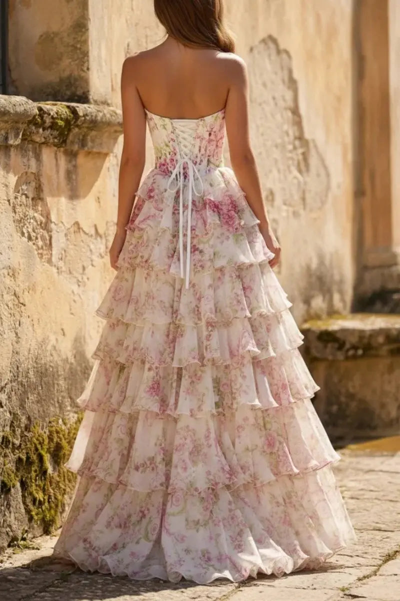 A-Line/Princess Floral Blush Tiered Chiffon Long Corset Prom Dress with Slit