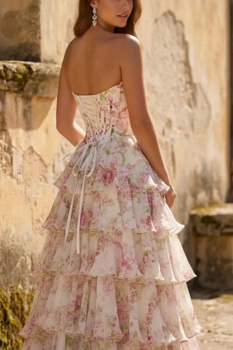 A-Line/Princess Floral Blush Tiered Chiffon Long Corset Prom Dress with Slit